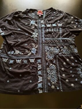 Johnny Was Black Short-Sleeve Top with Light Blue Embroidery